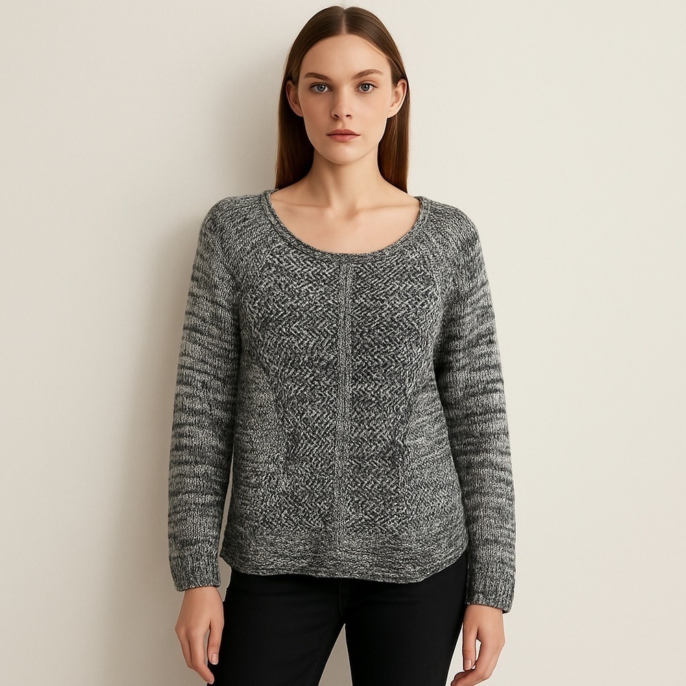 DEX Scoop Neck Open Knit Contrast Chiffon Back Sweater Large Gray / Black